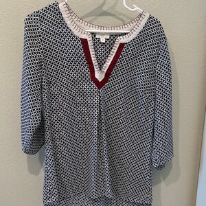 Geometric Patterned Blouse with Red Accent
